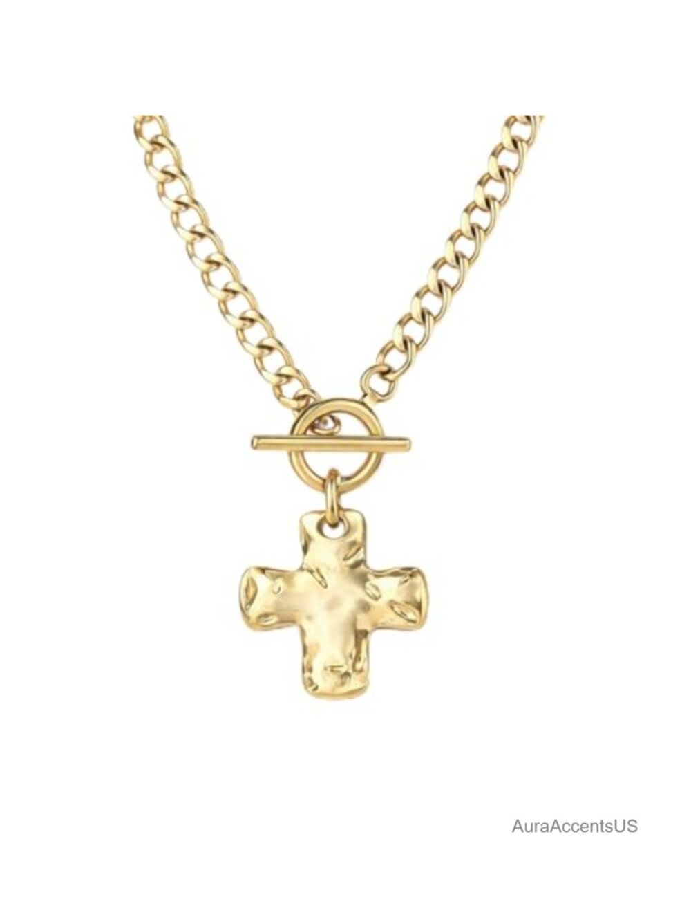 14K Gold Plated Hammered Cross Pendant Necklace Chunky Curb Chain Women